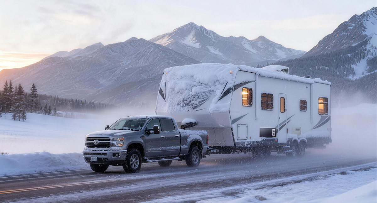Travel trailer parked in snowy winter conditions during cold-weather RV camping