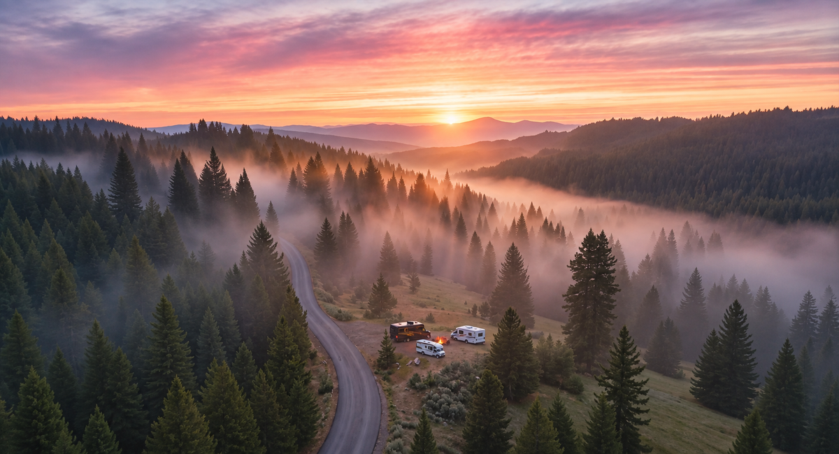 RV campsite in cool misty conditions during a cold-weather trip where indoor moisture control matters