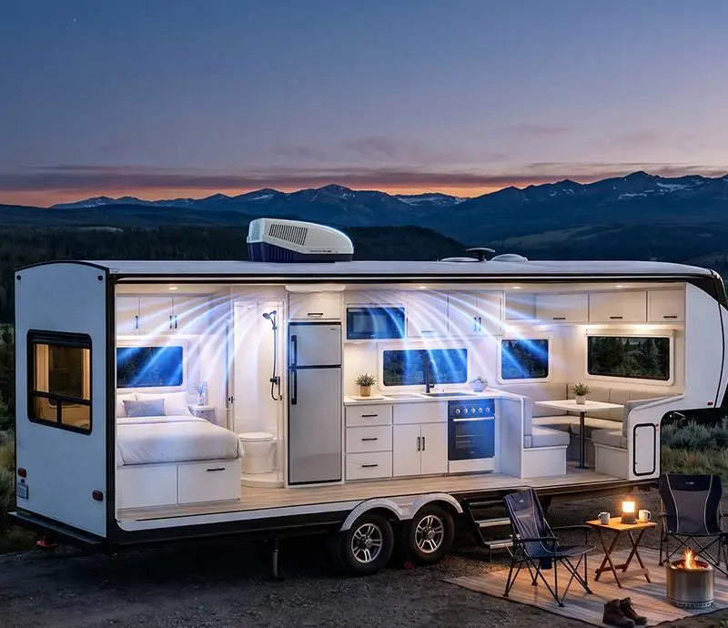 A camper trailer interior featuring a bed and couch, with a Fogatti air conditioner mounted on the wall.