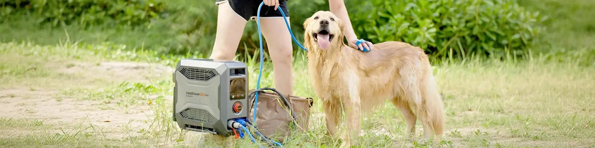A woman gently pets a dog while holding a portable water heater in her other hand.