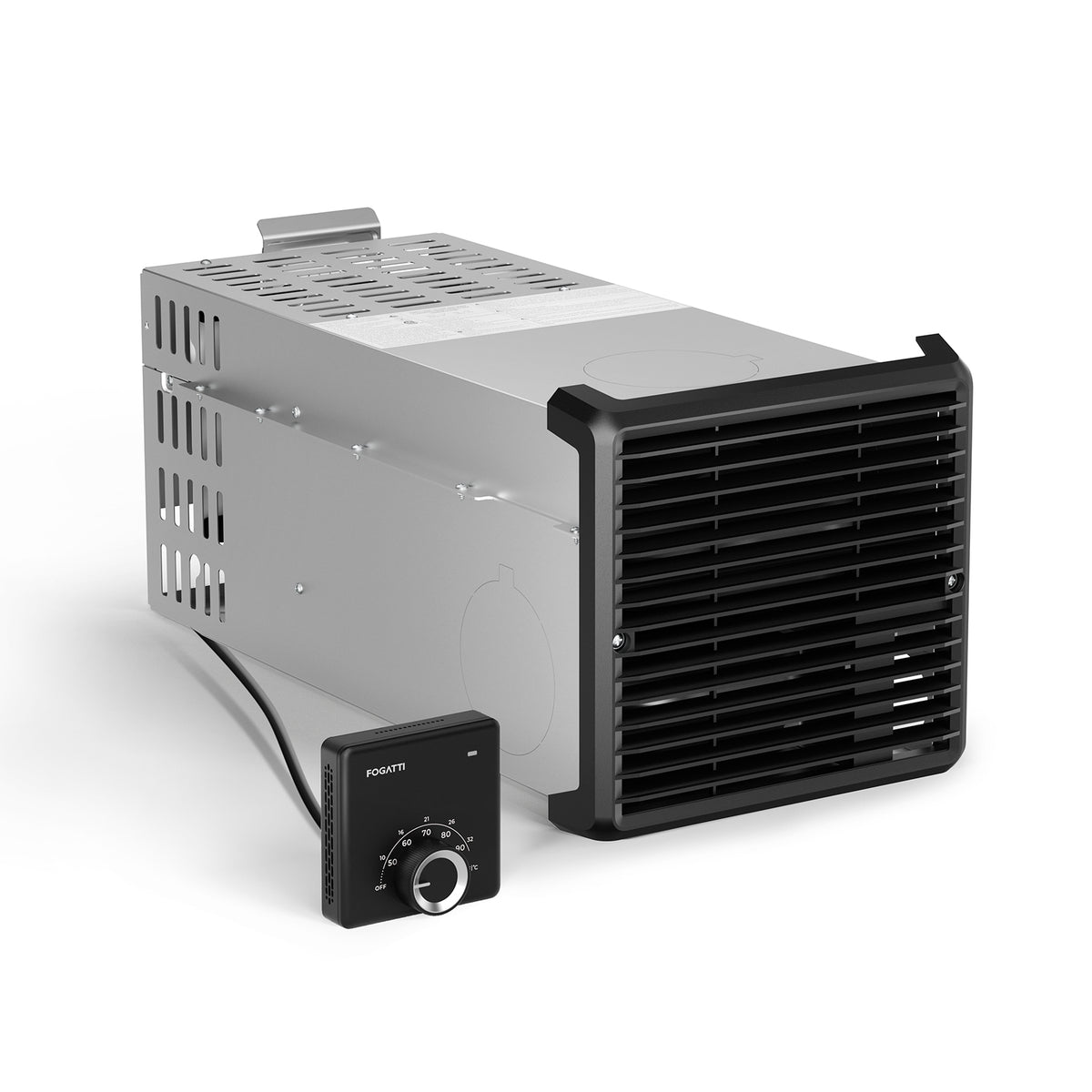 Fogatti RV Furnace with a black louvered front grille and a wired dial controller, designed for reliable camper heating.