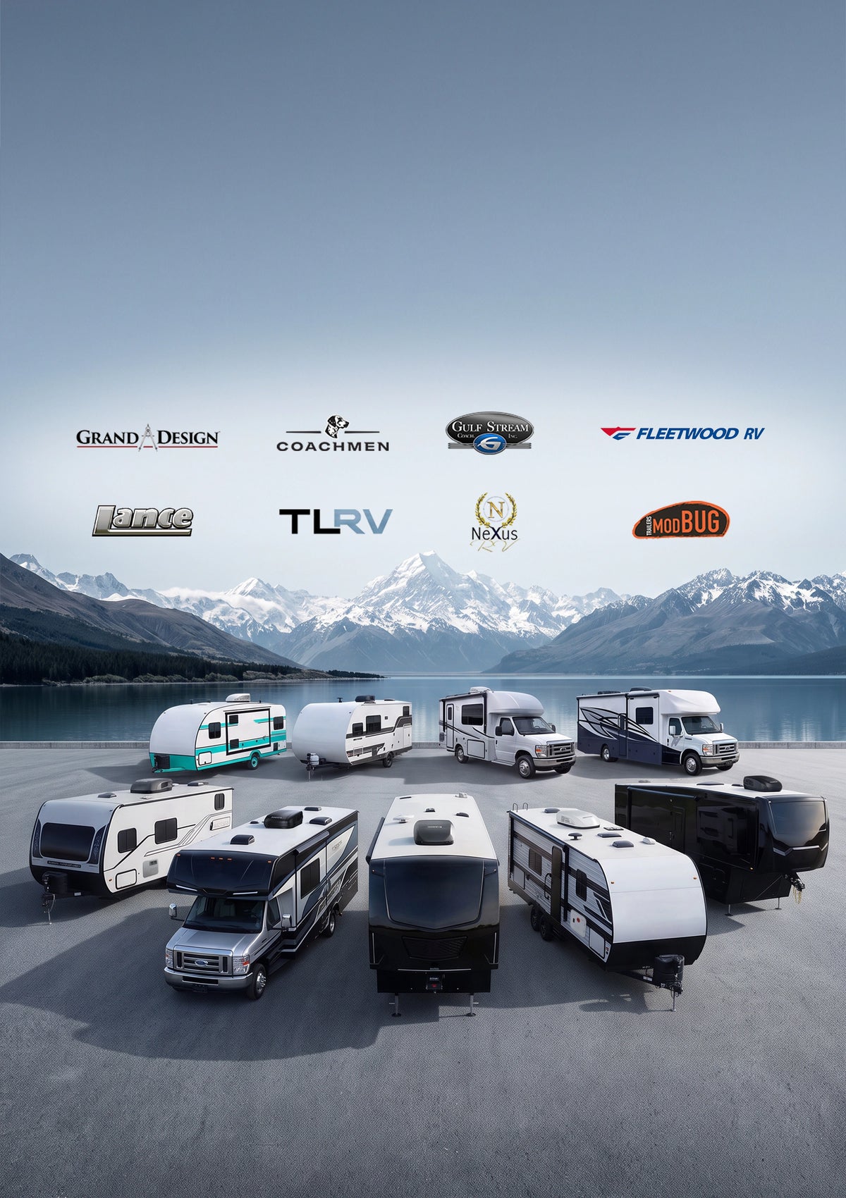 Fogatti RV accessories compatible with major camper brands including Grand Design, Coachmen, and Fleetwood, displayed with various travel trailers and fifth wheels by a scenic mountain lake.