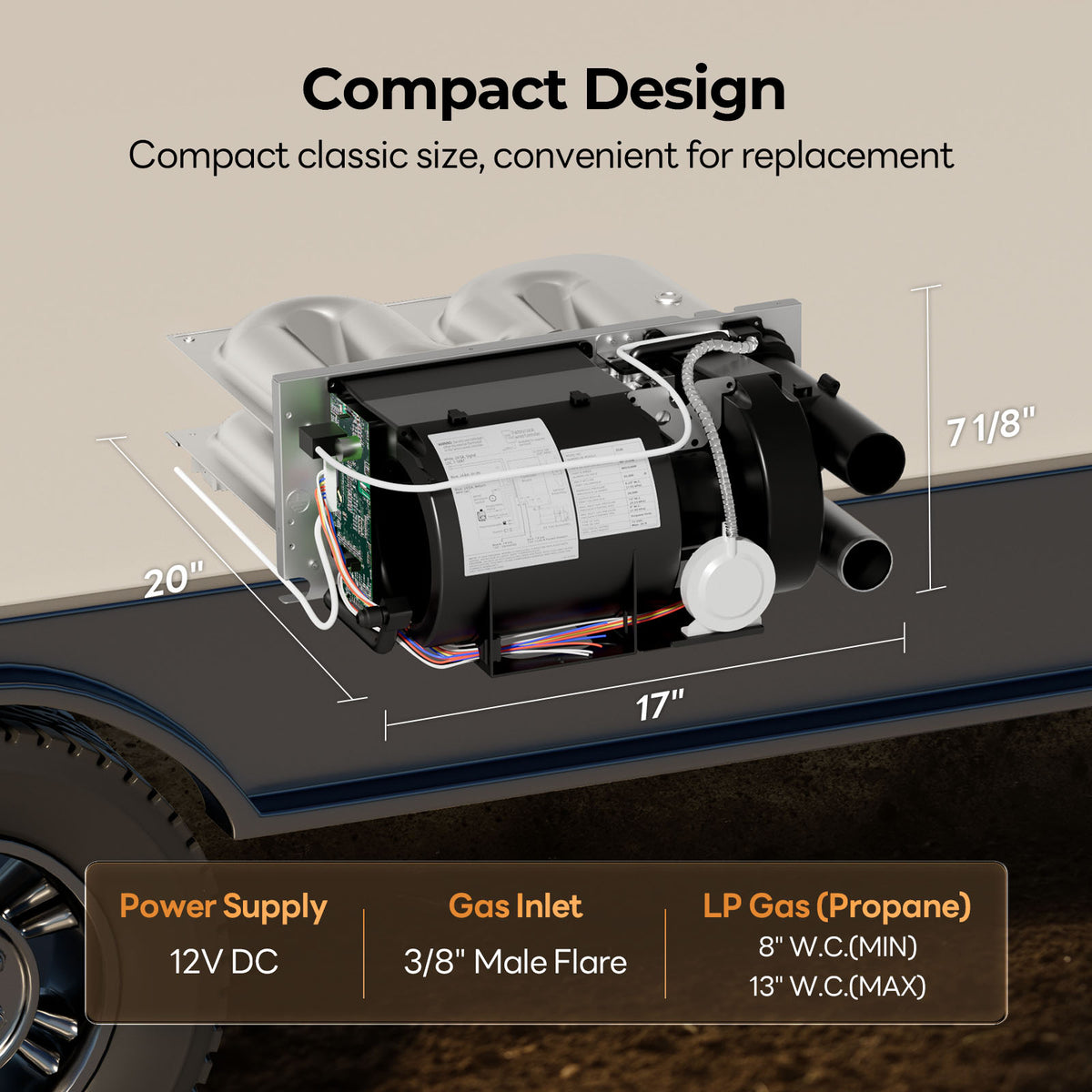 Compact Fogatti RV furnace designed for efficient heating in campers and small recreational vehicles.