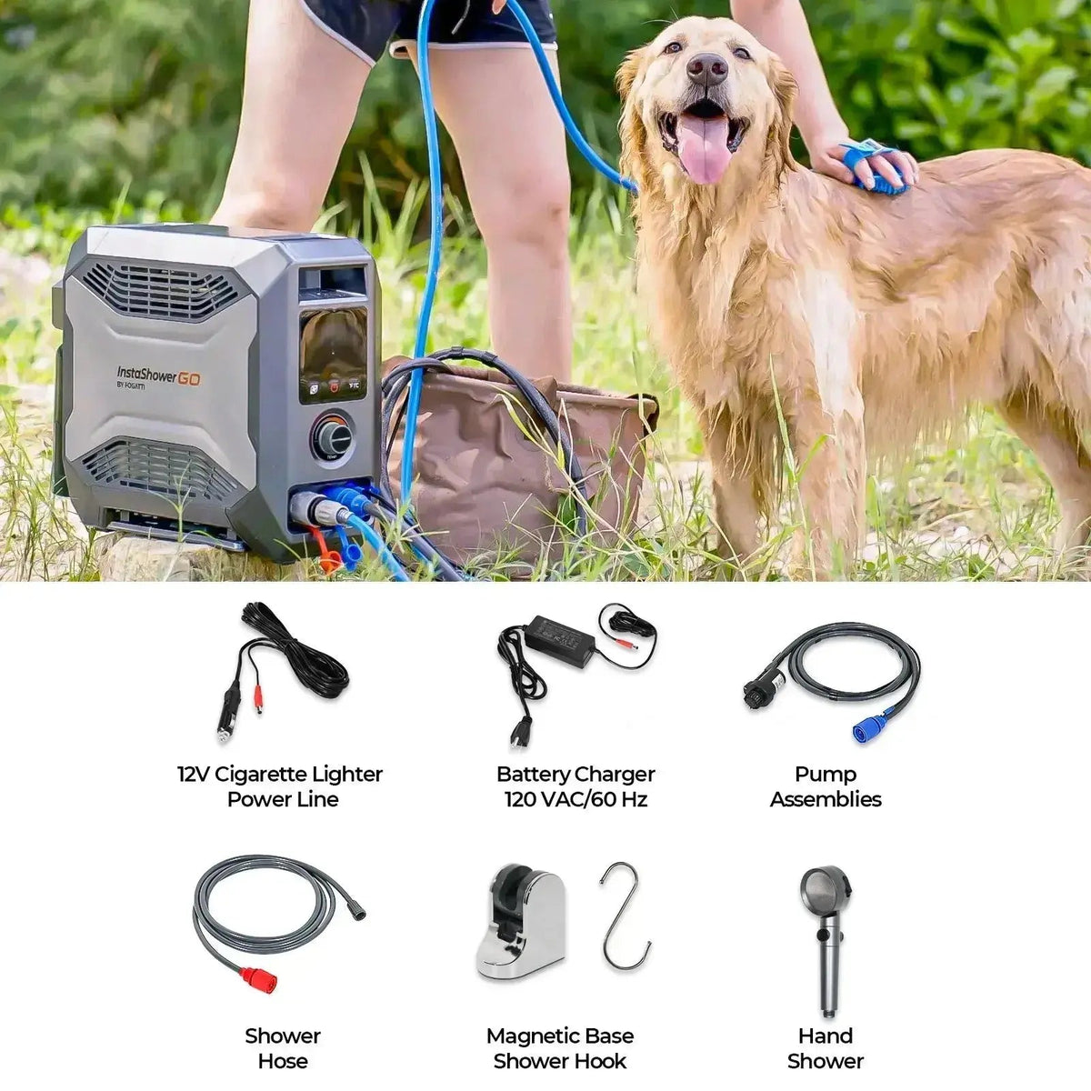 REFURBISHED - Fogatti InstaShower GO Outdoor Portable Propane Water Heater with Pump, 19000BTU
