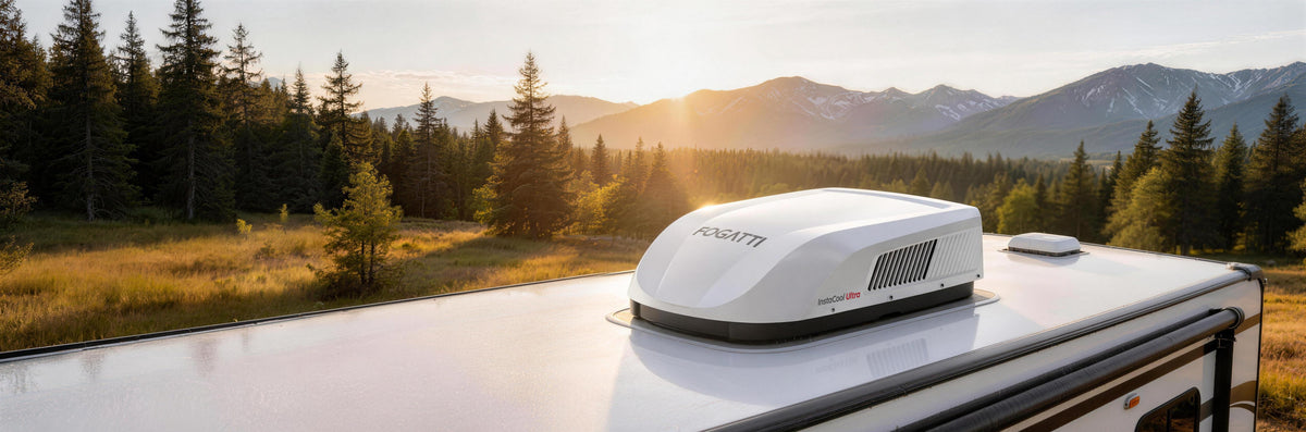 FOGATTI InstaCool Ultra RV Rooftop Air Conditioner installed on a camper roof, set against a beautiful mountain sunrise for outdoor adventures.