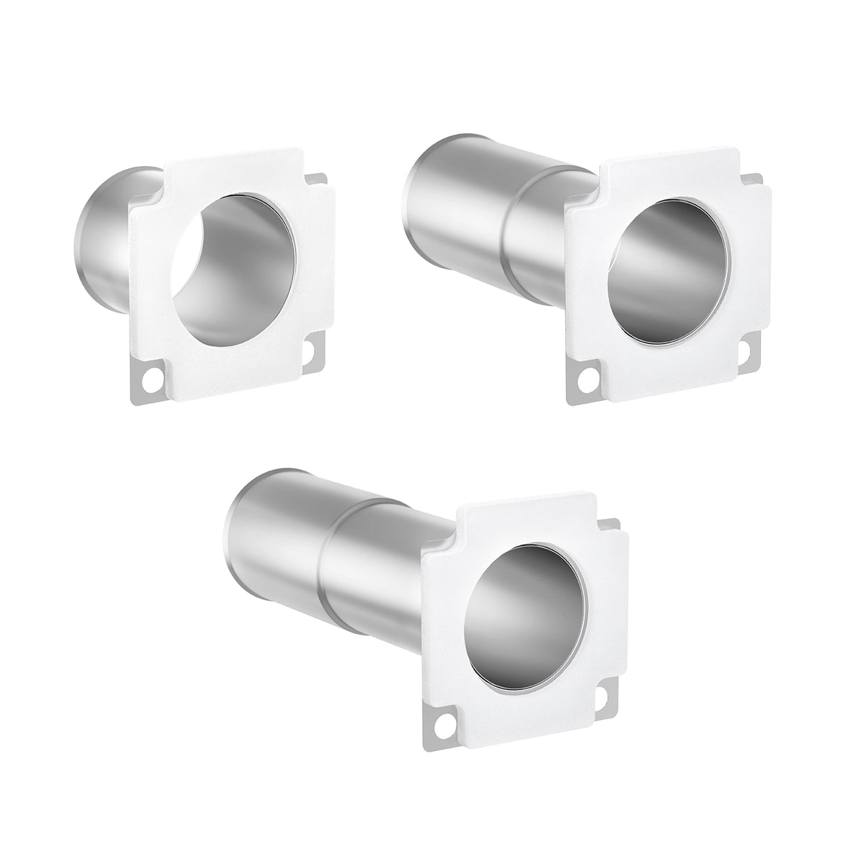 Three metal pipe fittings displayed: a threaded elbow, a straight connector, and a T-joint, showcasing various designs.