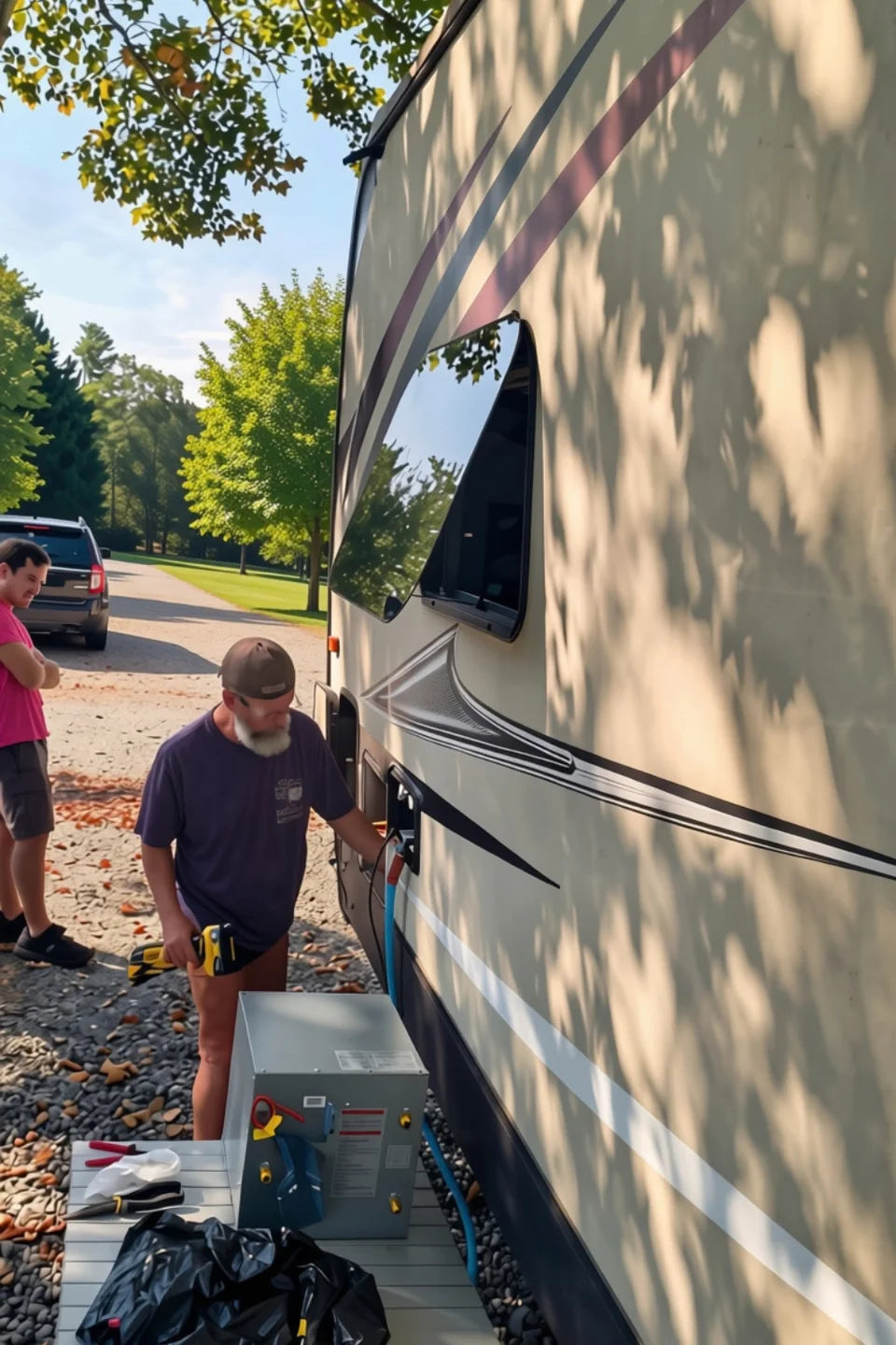 A technician installing a Fogatti tankless water heater in the side of a family RV under trees.