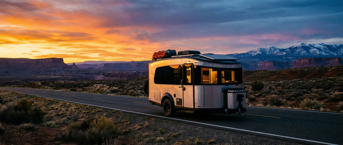 A modern RV parked on an open highway under a dramatic sky blending warm sunset and cool blue tones, with glowing interior lights suggesting comfort across all seasons and climates.