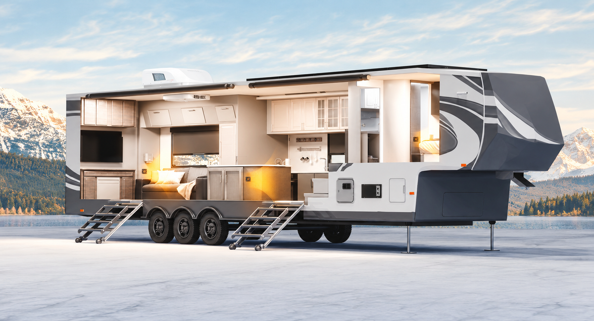 Cutaway view of a fifth-wheel RV showing warm air distributed through the cabin by a ducted furnace system
