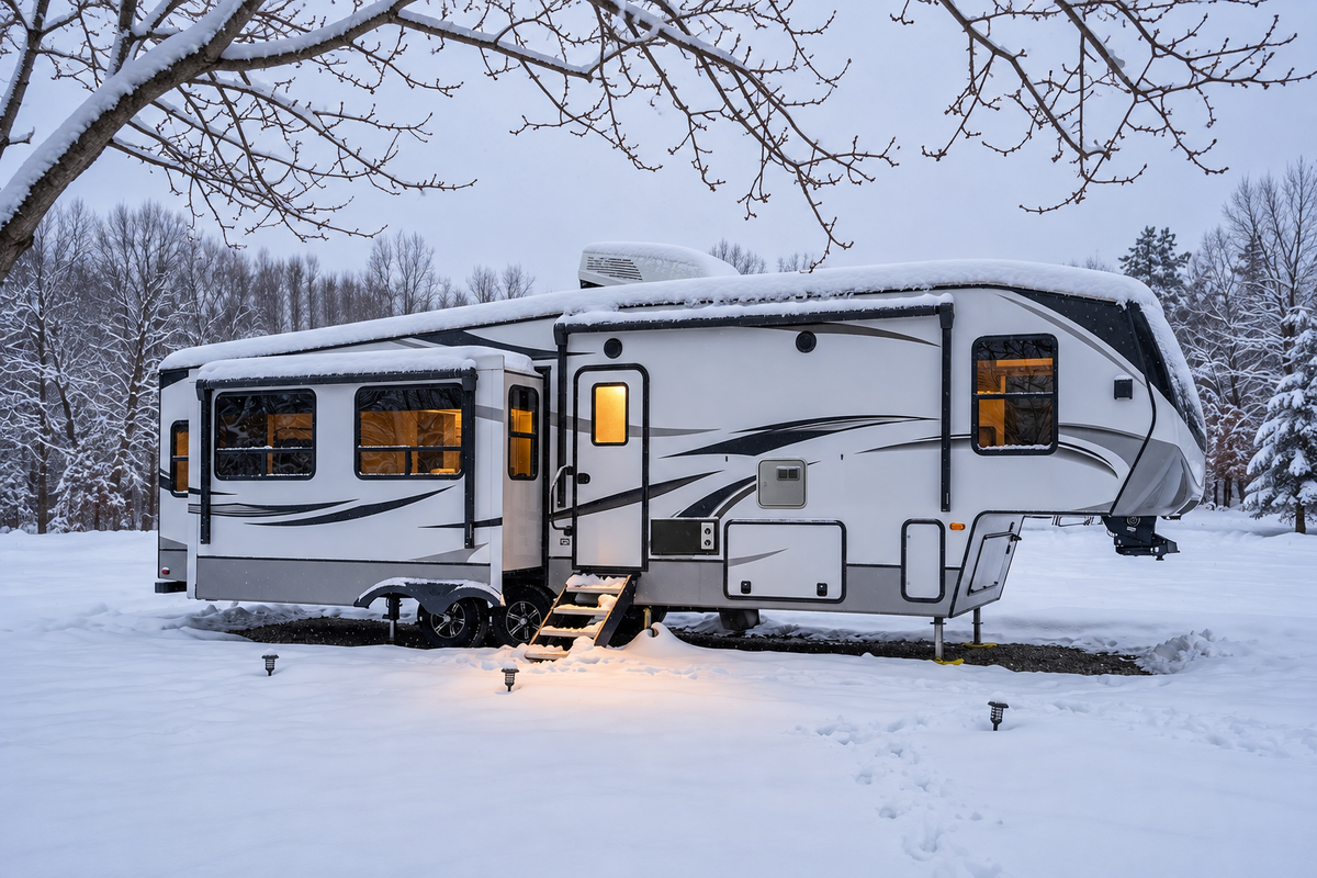 Fifth-wheel RV with a FOGATTI furnace installed, parked in snowy winter conditions for cold-weather camping