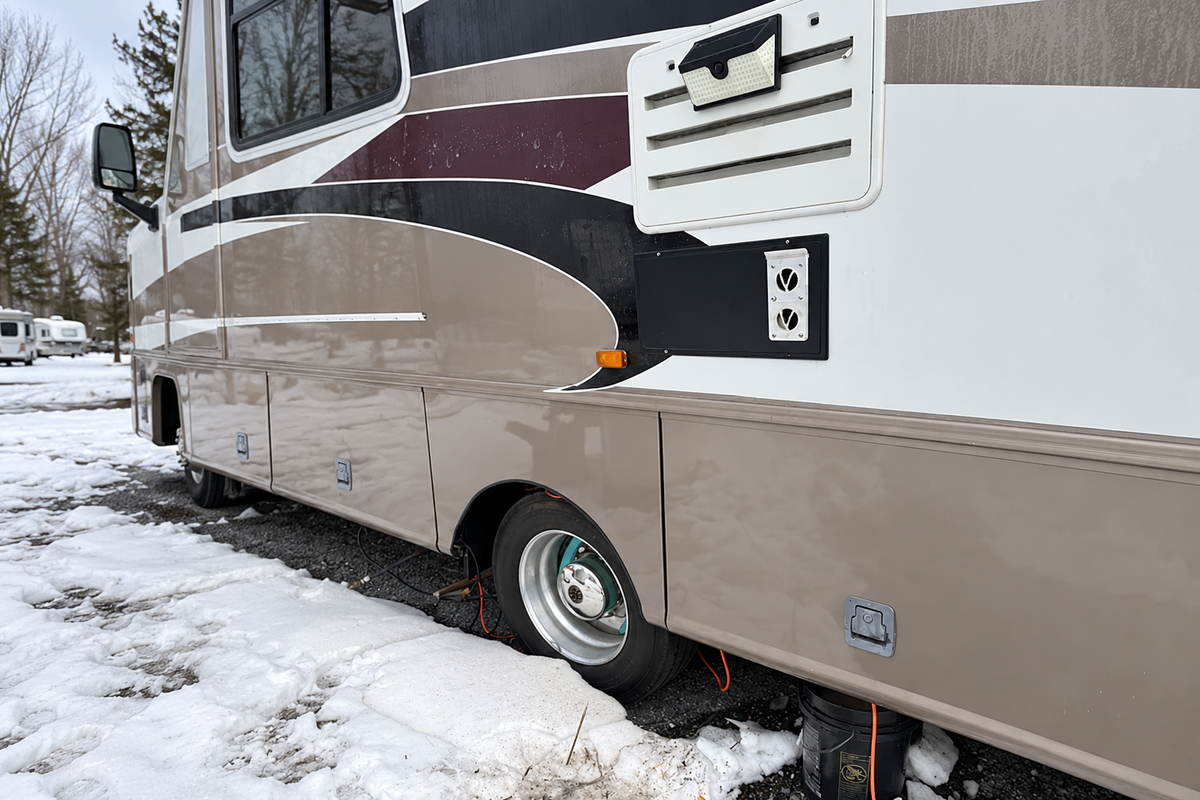 RV exterior furnace vent on a motorhome during winter furnace maintenance.