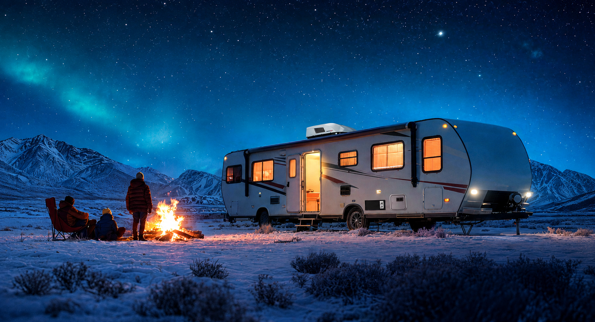 RV with a FOGATTI furnace installed at a snowy winter campsite at night