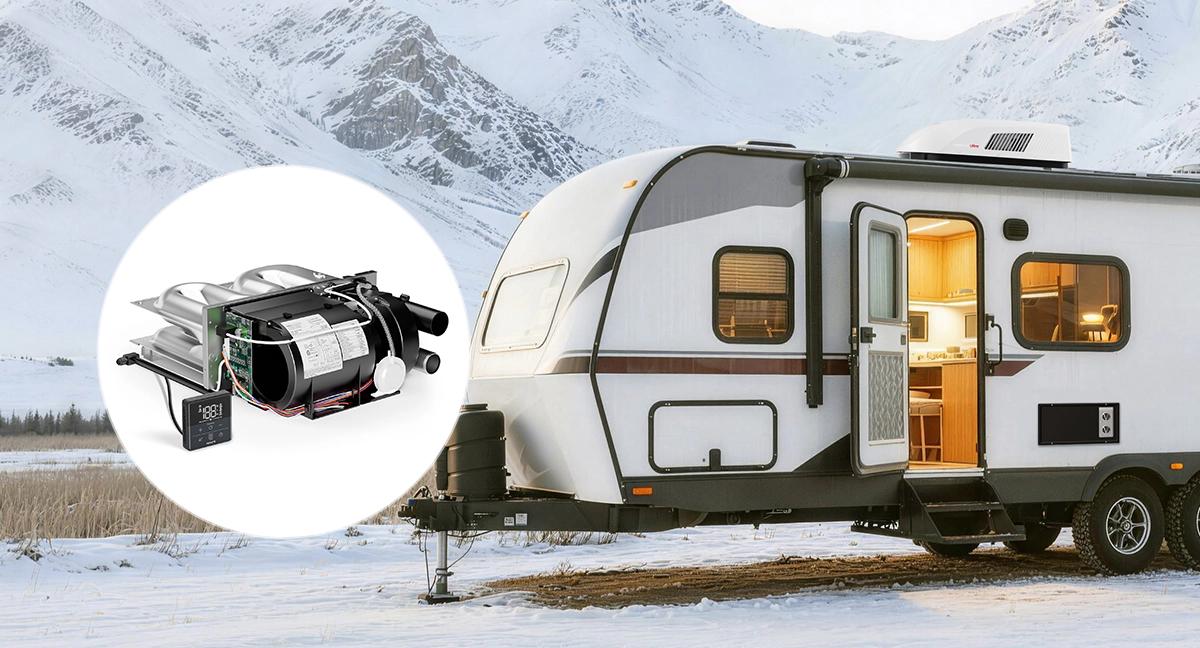 FOGATTI RV furnace replacement core shown beside a travel trailer in snowy cold-weather conditions