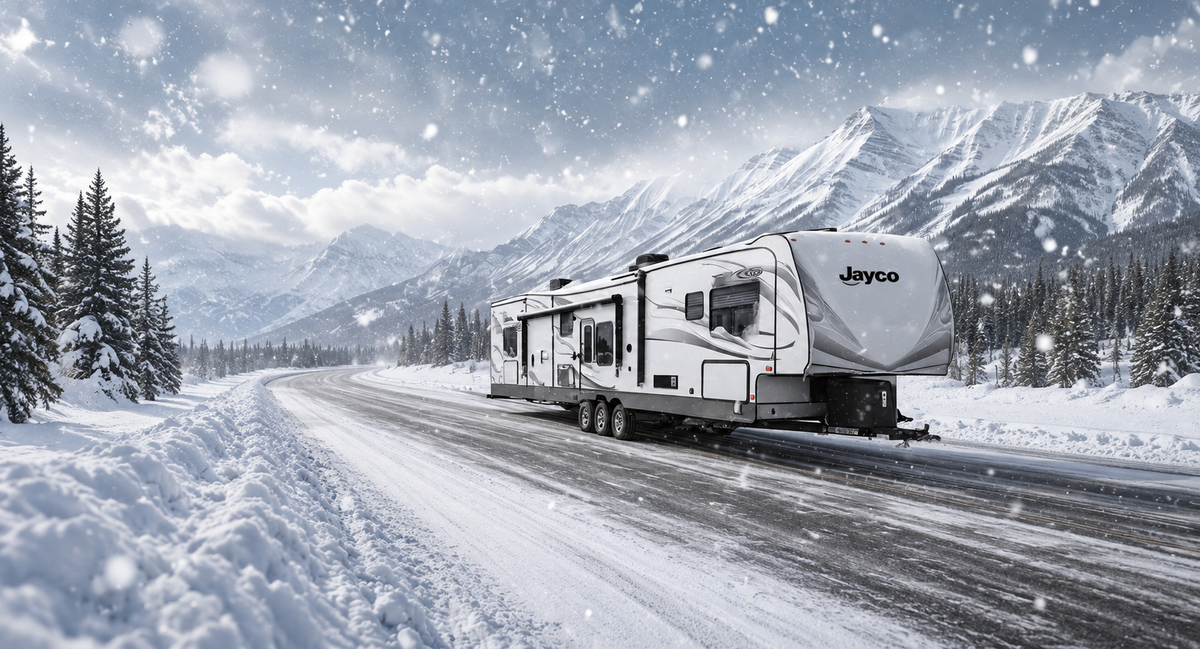 RV traveling in snowy winter conditions where plumbing freeze protection is important