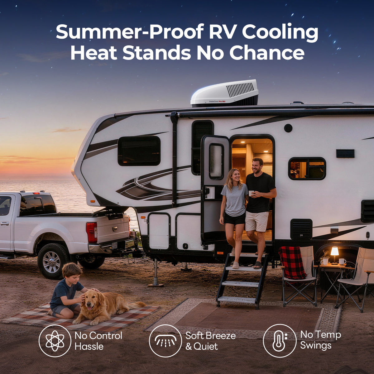  Fogatti RV Air Conditioner keeping a family and their dog cool during a sunset beach camping trip in a fifth wheel travel trailer.