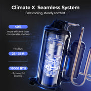  Interior view of the Fogatti RV Air Conditioner Climate X Seamless System, featuring 18000 BTU powerful cooling and 40% more efficiency than comparable models.