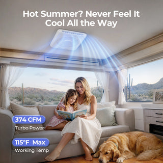 Beat the desert heat with the Fogatti RV AC Unit featuring 374 CFM turbo power and 115°F max working temp, ensuring cool comfort for the whole family.