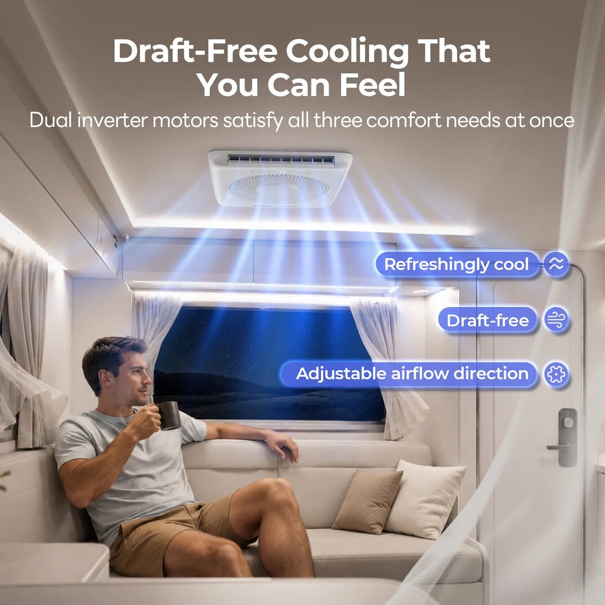 Fogatti RV Air Conditioner providing draft-free cooling while a man enjoys coffee on a camper sofa at night.