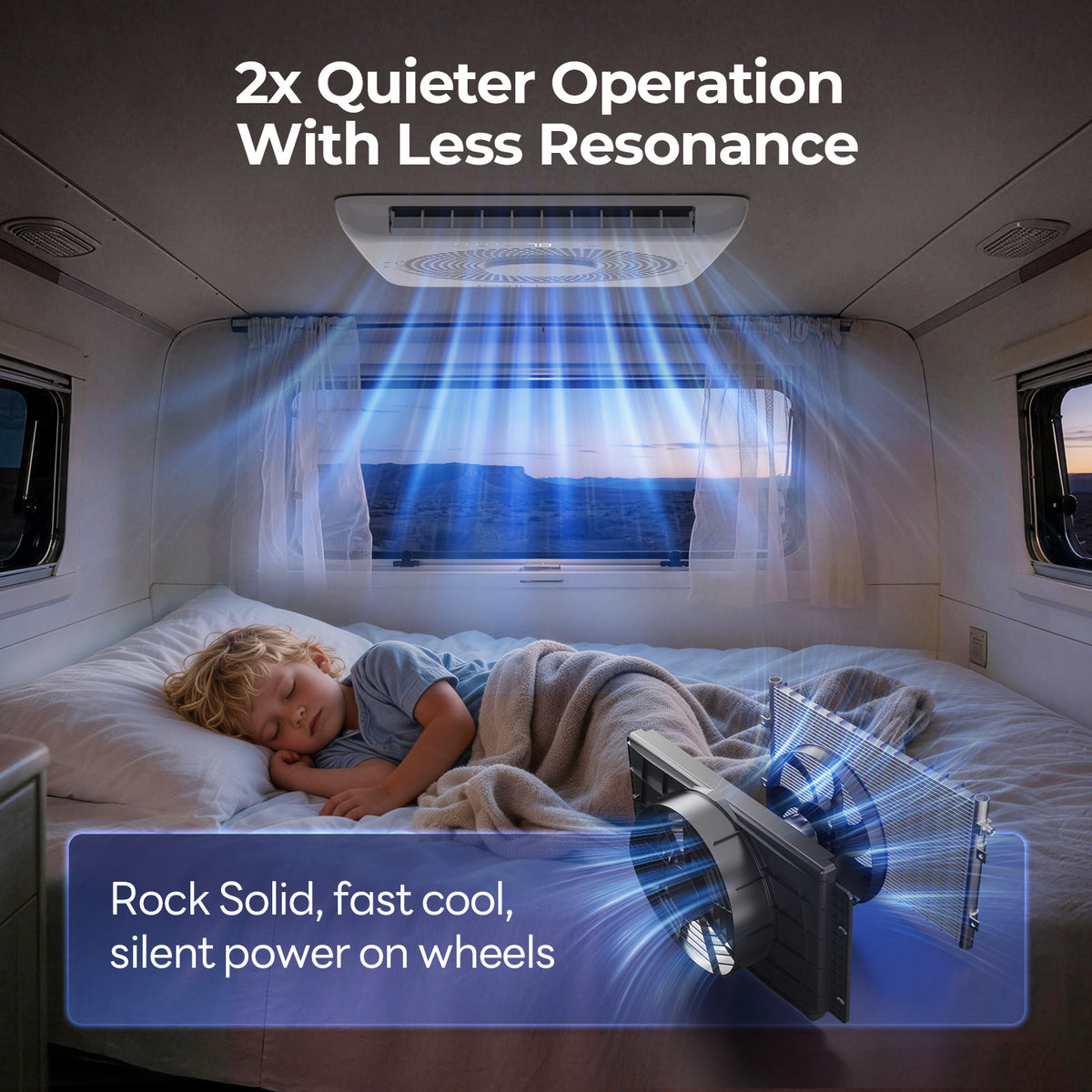  Fogatti RV Air Conditioner providing quiet, cool airflow for a sleeping child, featuring 2x quieter operation with less resonance for a restful night.