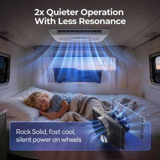  Fogatti RV Air Conditioner providing quiet, cool airflow for a sleeping child, featuring 2x quieter operation with less resonance for a restful night.