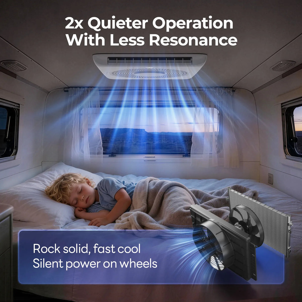  Fogatti RV Air Conditioner quietly cooling a child sleeping soundly in a camper bed, with cool airflow blowing from the rooftop AC unit.