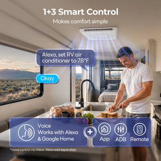 Fogatti RV AC Unit with 1+3 Smart Control, featuring App control, voice control via Alexa and Google Home, remote control, and ADB for effortless climate management.