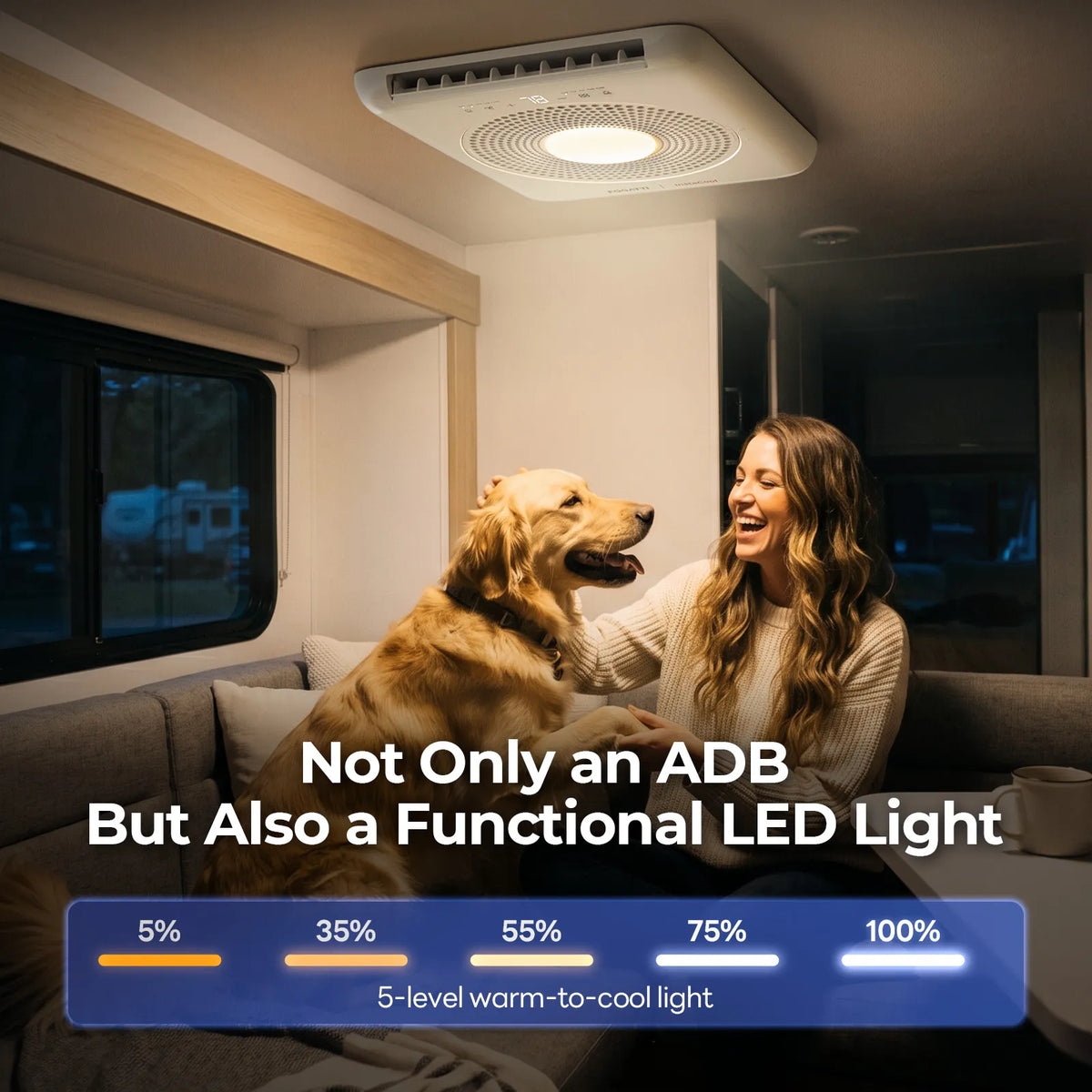 A woman relaxes on a couch with her dog, accompanied by text highlighting the fogatti air conditioner's dual function as a light.