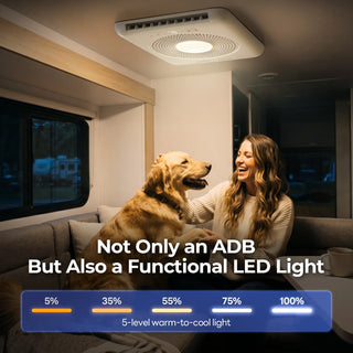 A woman relaxes on a couch with her dog, accompanied by text highlighting the fogatti air conditioner's dual function as a light.