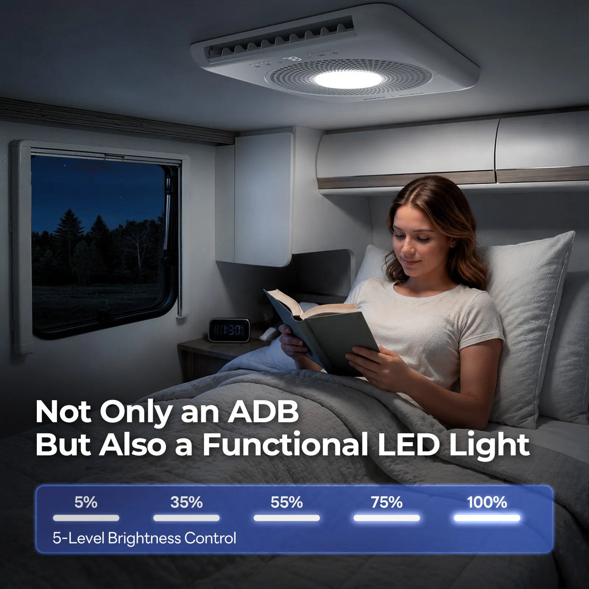 Fogatti Ducted RV Air Conditioner ceiling unit with a functional LED light, offering 5-level brightness control for comfortable nighttime living.