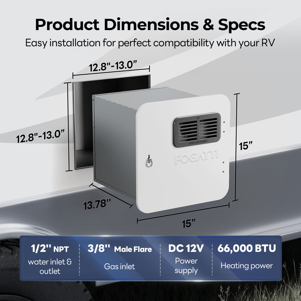  Specifications and dimensions of the Fogatti RV water heater displayed on a product sheet.