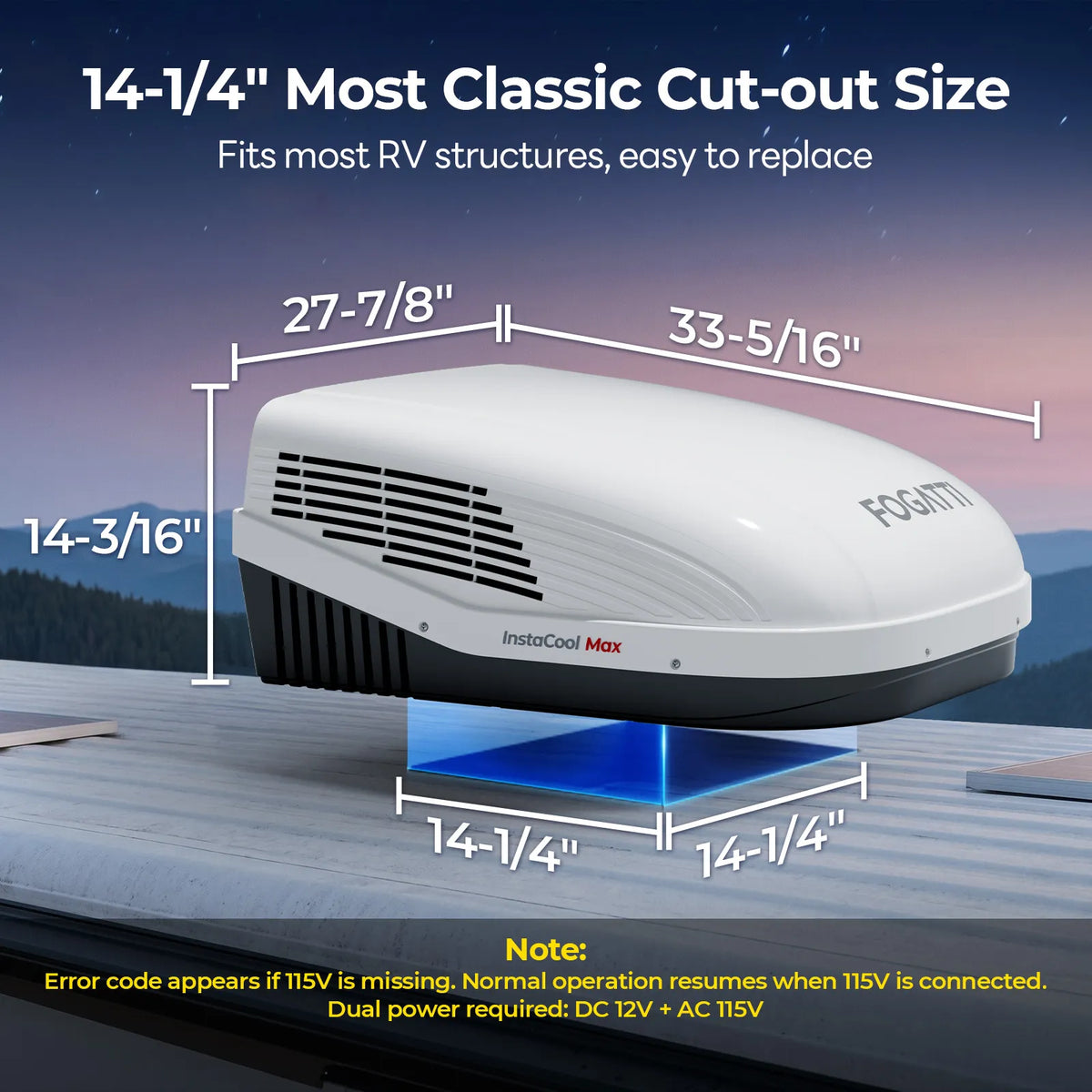 Classic RV air conditioner cutout size, showcasing the Fogatti model with sleek design and functional features.