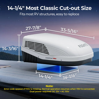 Classic RV air conditioner cutout size, showcasing the Fogatti model with sleek design and functional features.