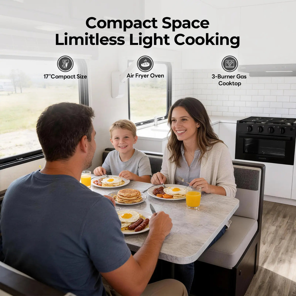 a famaliy eating food in front of FOGATTI 17-Inch Dual-Fuel RV Range with Air Fryer