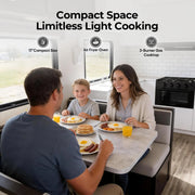 a famaliy eating food in front of FOGATTI 17-Inch Dual-Fuel RV Range with Air Fryer