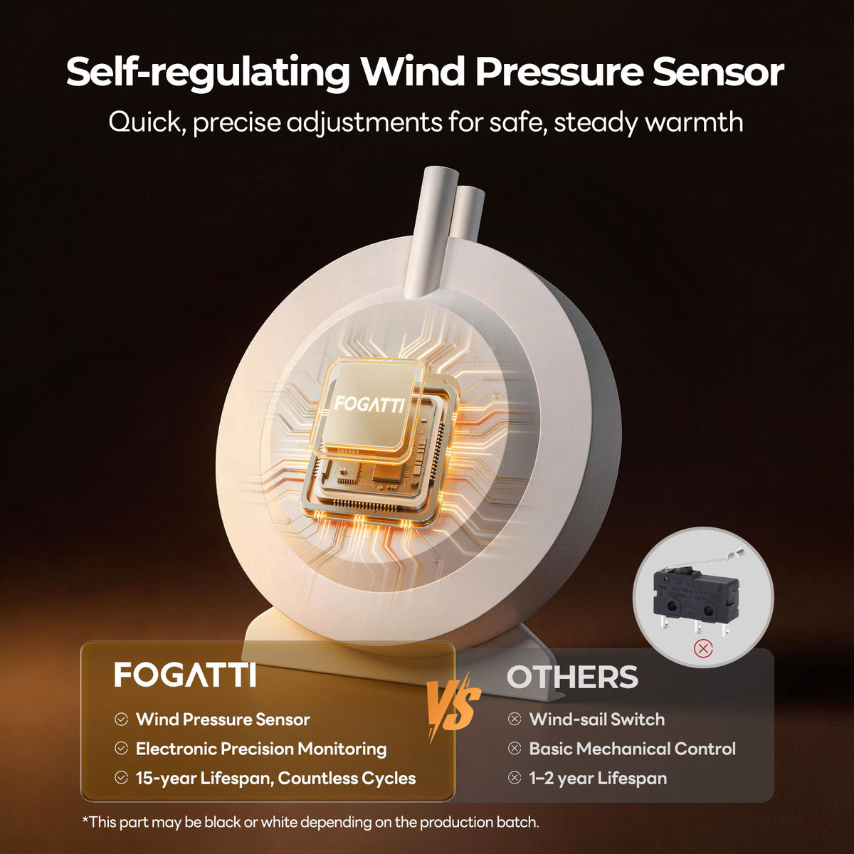 Self-regulating wind pressure sensor for Fogatti RV furnace, designed to optimize performance and efficiency in varying conditions.