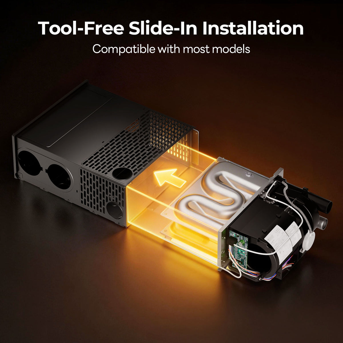 Black and white image featuring the phrase "tool free slide in installation" for a Fogatti RV furnace.