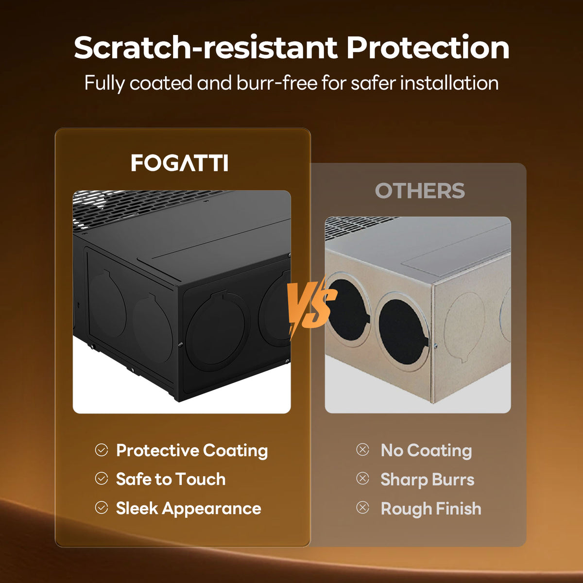 Image displays two types of Fogatti RV furnaces, showcasing their design and features for heating recreational vehicles.