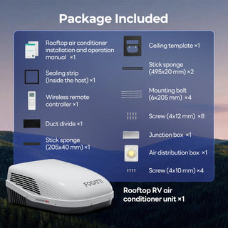 Rooftop air conditioner package featuring the Fogatti brand, showcasing product design and specifications.