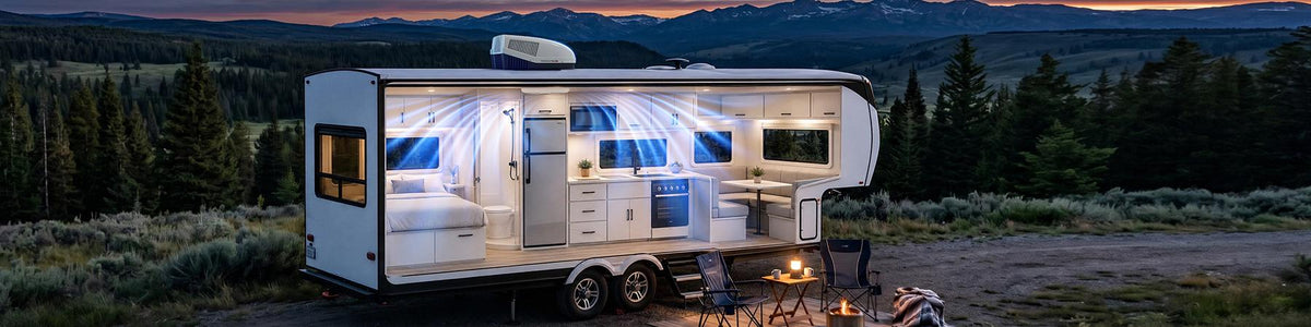 A camper trailer interior featuring a bed and couch, with a Fogatti air conditioner mounted on the wall.