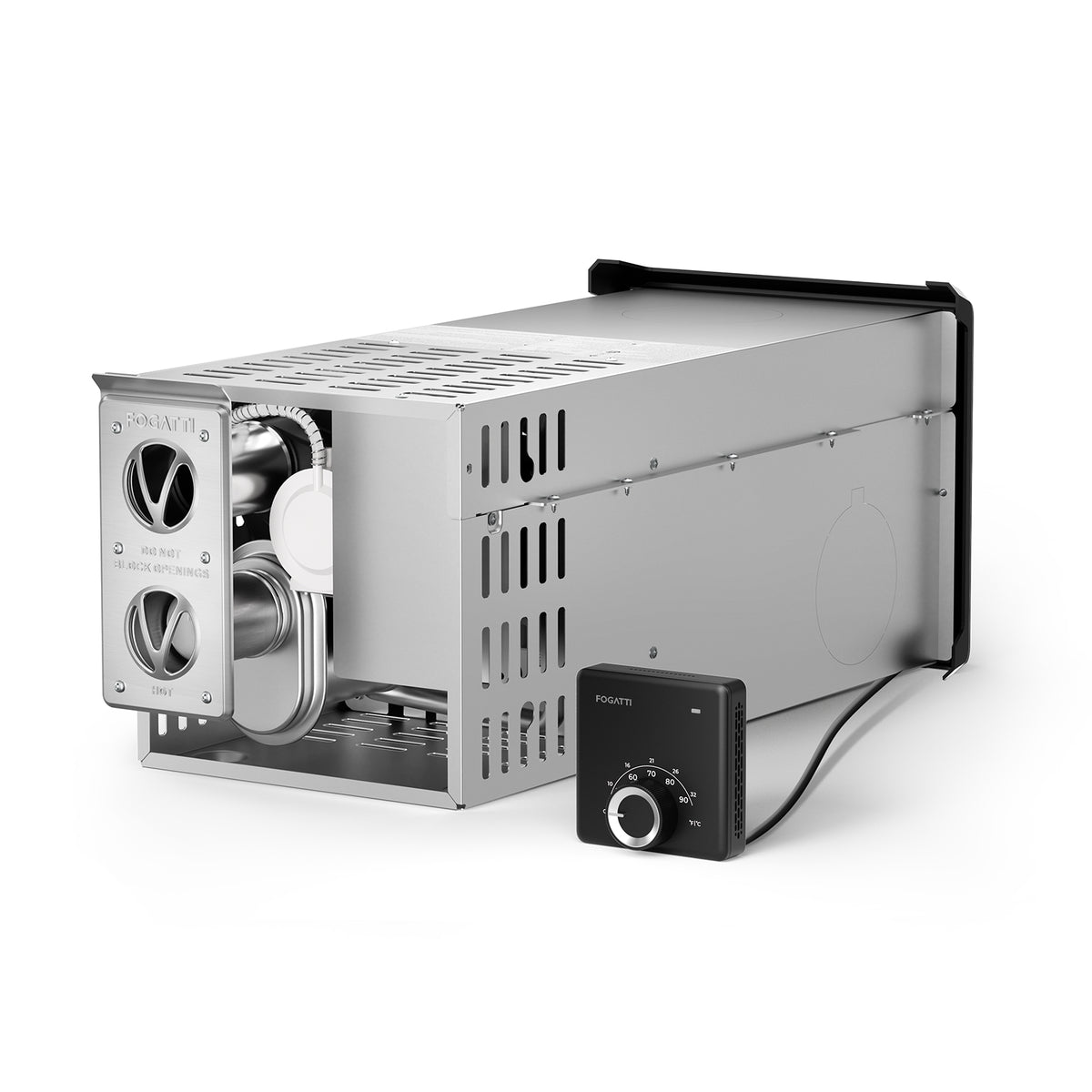  Fogatti RV Water Heater without door, showing the HOT and COLD water ports and a wired controller for camper use.