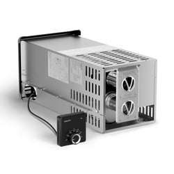 Fogatti RV Water Heater without doors, showing the metallic casing, ventilation slots, HOT/COLD connection ports, and wired controller.