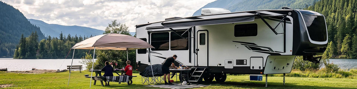  A family gathers around a campfire, enjoying time together near their motor home in a serene outdoor setting.