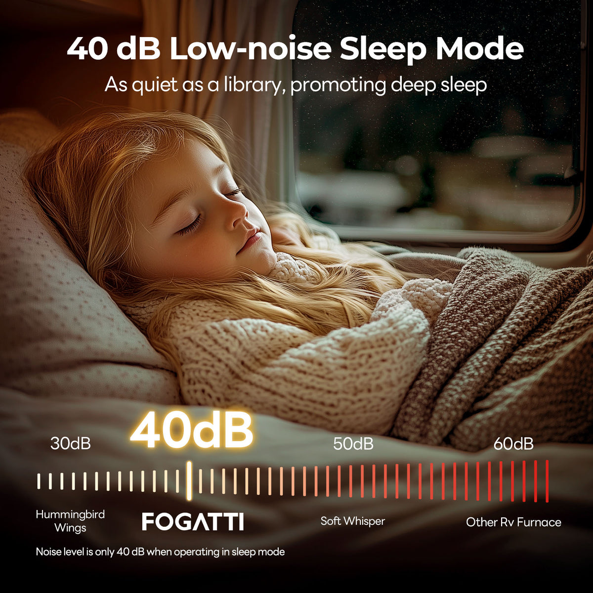 A child peacefully sleeping on a bed with the comfort of fogatti rv furnace