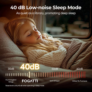 A child peacefully sleeping on a bed with the comfort of fogatti rv furnace