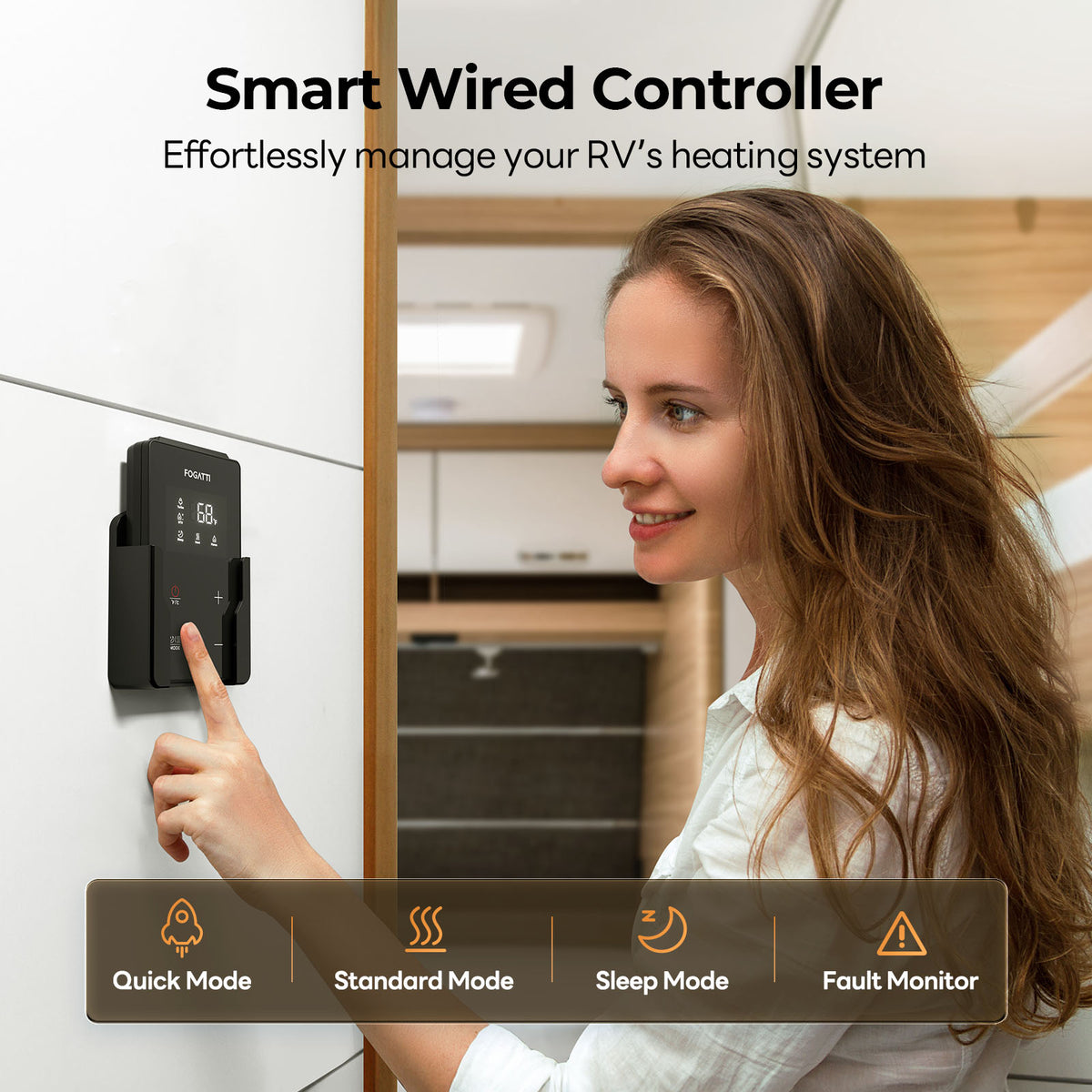 Smart wired controller for Fogatti RV furnace, showcasing home automation features for efficient temperature control.