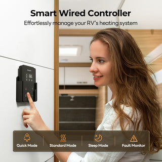 Smart wired controller for Fogatti RV furnace, showcasing home automation features for efficient temperature control.
