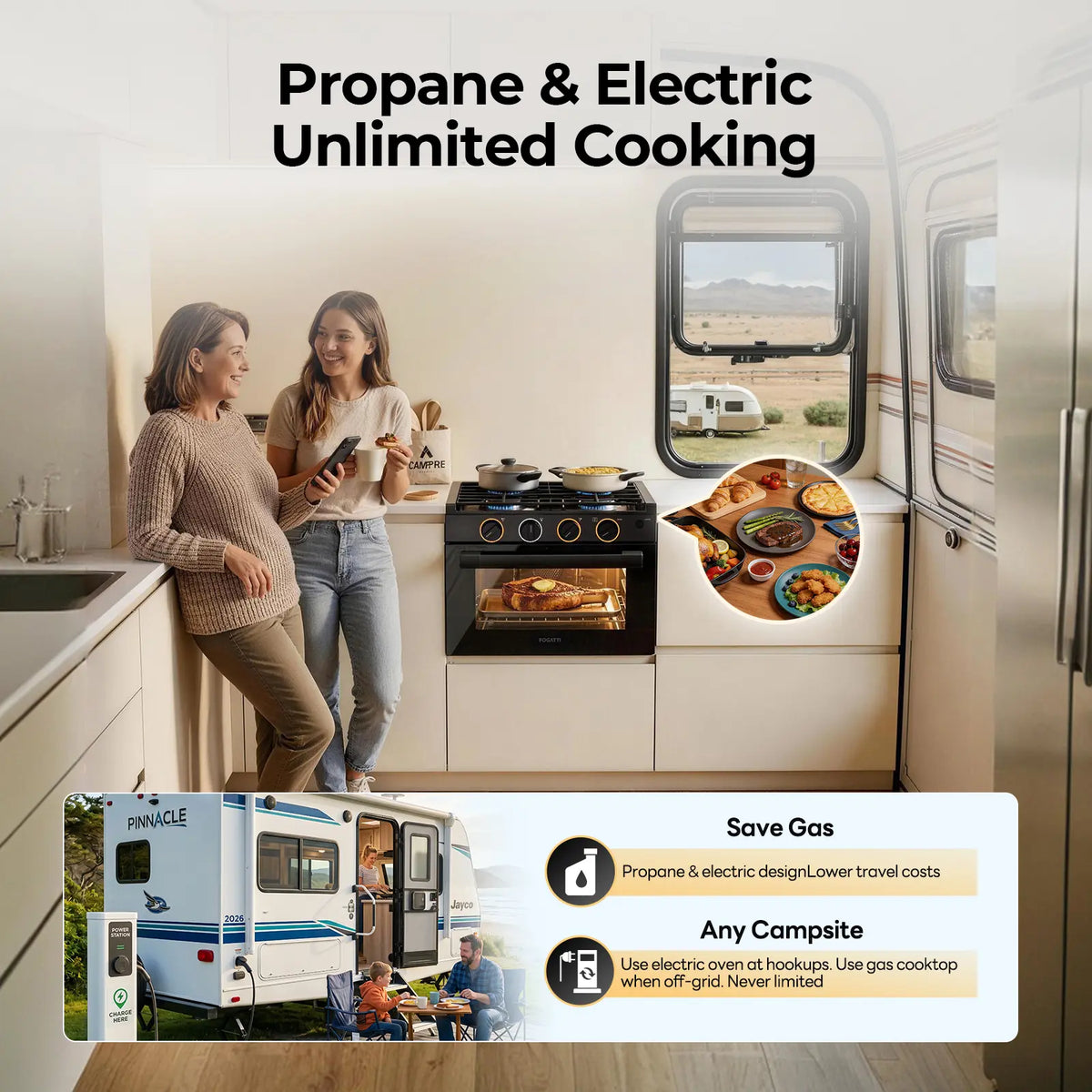 An RV kitchen showcasing both propane and electric cooking appliances for versatile meal preparation.