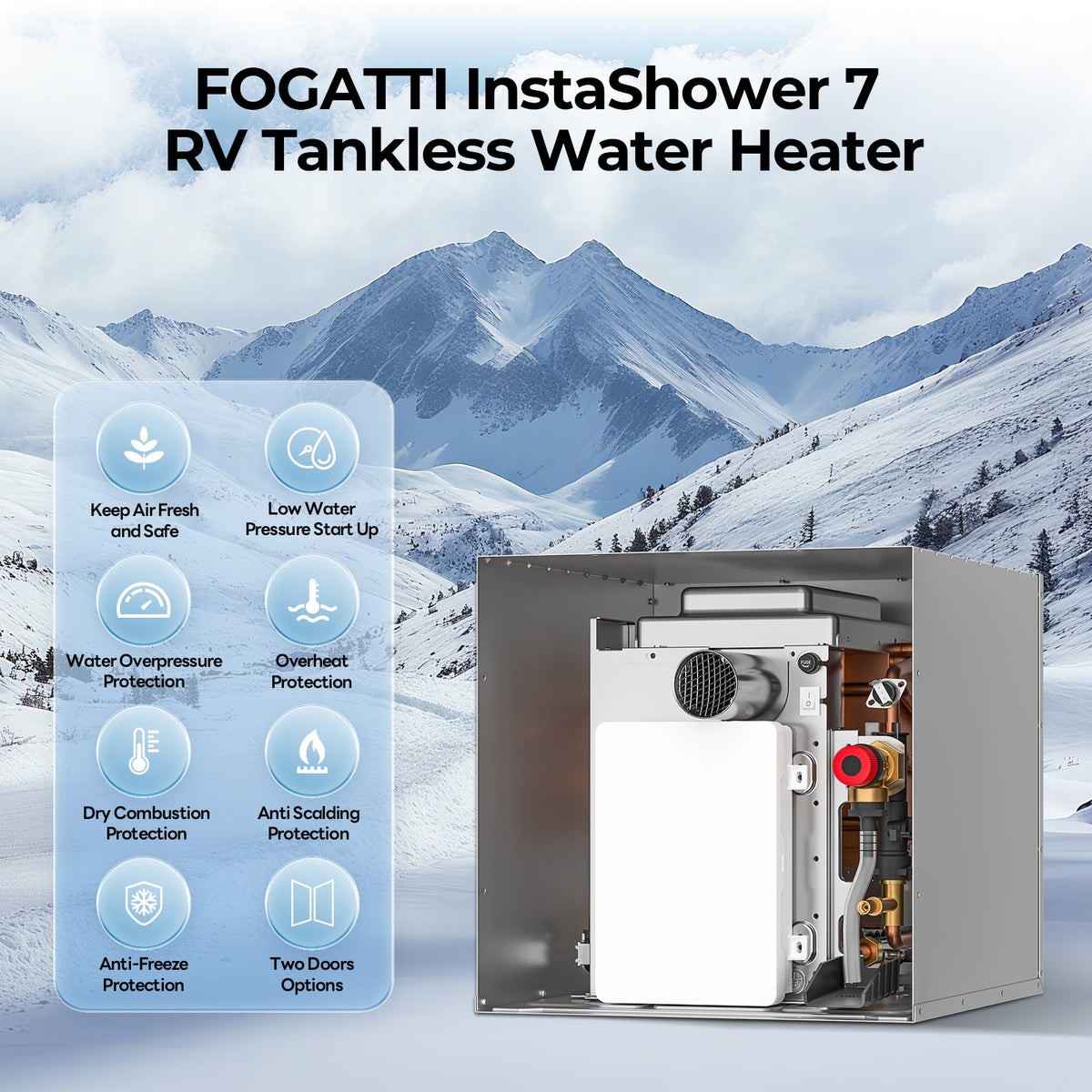 REFURBISHED - Fogatti RV Tankless Water Heater InstaShower 7 (Without Door), 48,000 BTU Heating, Energy Saving Model