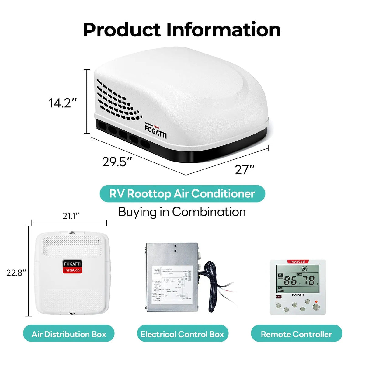 REFURBISHED - Fogatti InstaCool 15,000 BTU RV Rooftop Air Conditioner | Heat & Cool | Replaceable Non-Ducted/Ducted RV AC | 115V(AC)