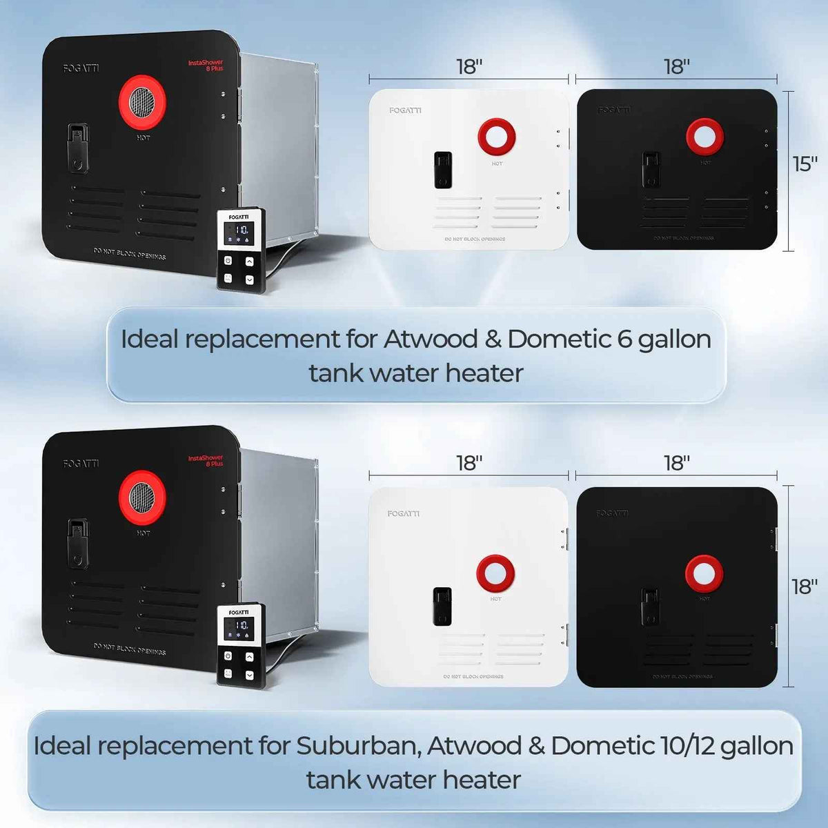 Fogatti InstaShower 8 Plus, 55,000 BTU RV Tankless Water Heater with Door